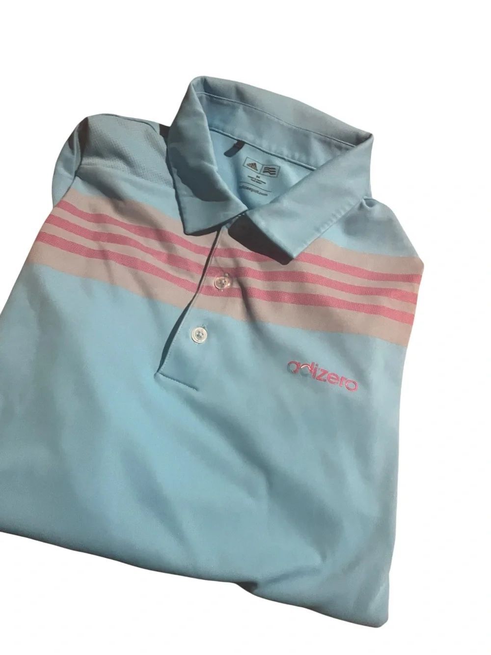 adidas light blue polo with pink stripe accents adiserve sz medium